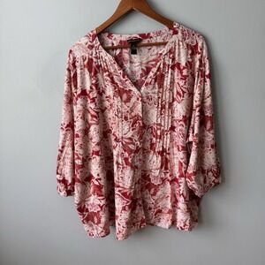 Bit & Bridle Floral Women Blouse 3X Red Cream Button Up V Neck 3/4 Sleeve
